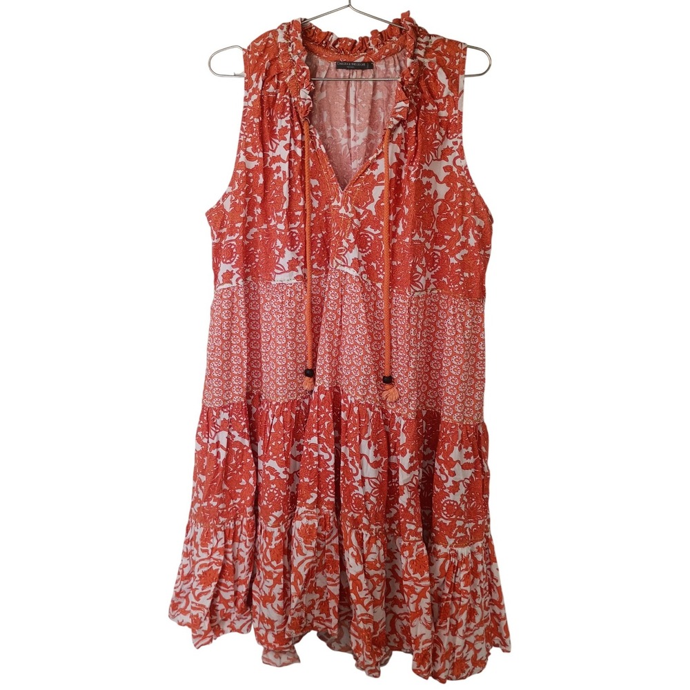 Chelsea & Theodore Orange Floral Tiered Mini Dress Sleeveless Tassel Tie XL - Picture 2 of 14